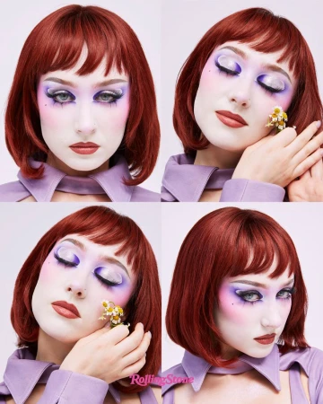 Four-panel portrait grid of Chappell Roan with red bob hair, dramatic purple eye makeup, and lilac top holding daisy flowers.