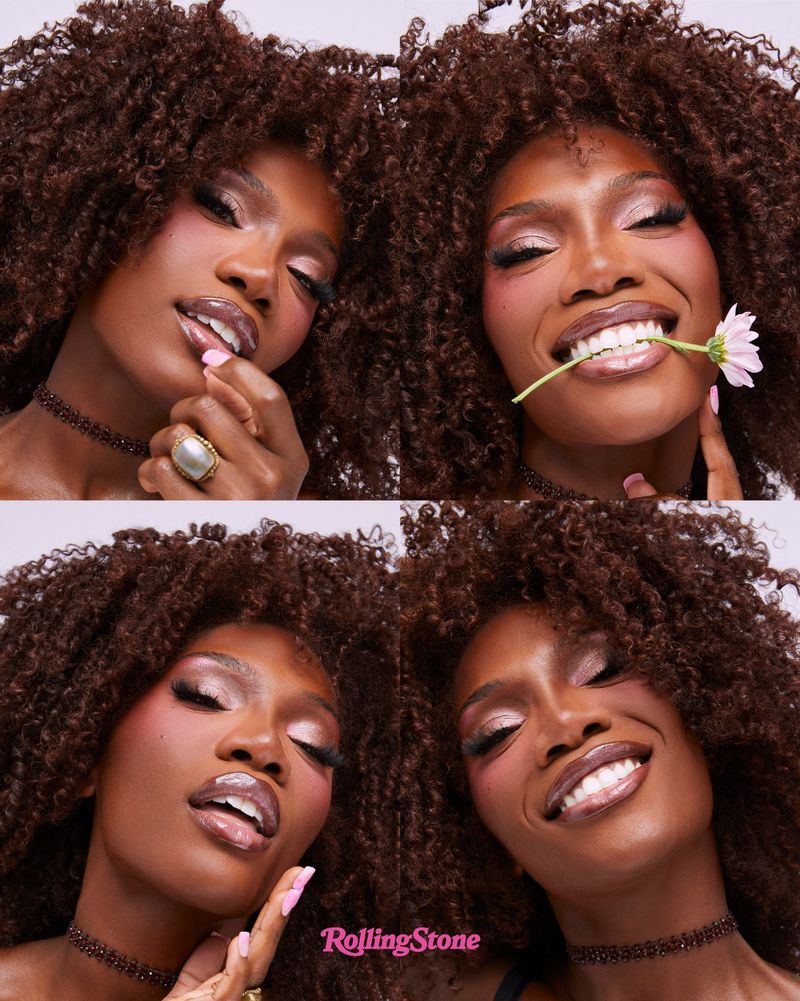 Four-panel portrait of a Black woman with voluminous curly brown hair, glossy makeup, and pink blush wearing a black choker.