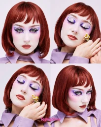 Four-panel grid portrait of Chappell Roan with a red bob haircut, purple eye makeup, pale foundation, and a lavender top.