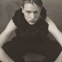 Model Mila Prvulovic crouching in a textured black sleeveless fleece top and dark trousers, looking directly up at the camera.