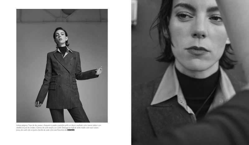 Black and white editorial spread featuring actress Vicky Luengo in a tailored double-breasted suit and layered collared shirt.