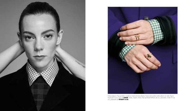 Editorial diptych featuring actress Vicky Luengo in a dark tailored suit alongside a detail shot of hands wearing gold rings and a purple blazer.