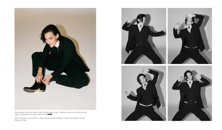 Magazine spread of actress Vicky Luengo in a black tailored suit and boots posing against a white studio background.