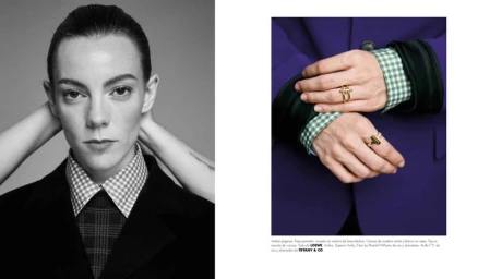 Fashion editorial diptych of actress Vicky Luengo in a tailored blazer and a close-up detail of hands wearing gold rings.