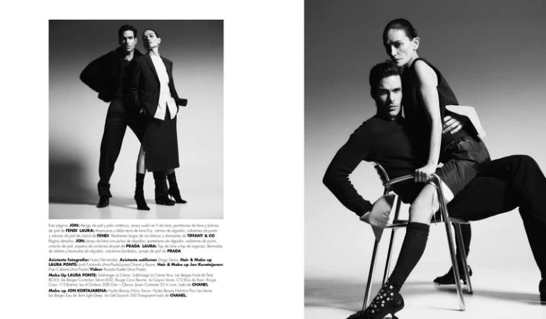 Jon Kortajarena and Laura Ponte posing in monochromatic designer tailoring for a studio fashion editorial spread.