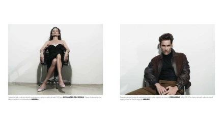 Fashion editorial diptych featuring model Laura Ponte in a black dress and model Jon Kortajarena in a brown leather jacket seated on chairs.