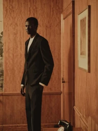Model Makur Mabor standing in a black tailored suit and white shirt against warm wood-paneled walls.