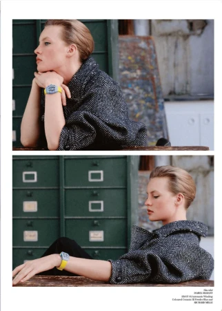 Editorial diptych of model Maya Vozhdaeva in a tweed herringbone coat and yellow strap watch against vintage green metal cabinets.