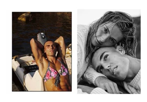 Editorial diptych of Josh McGregor in a floral bikini top on a boat beside a black-and-white close-up portrait with a female model.