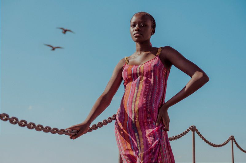 Adult female in a pink dress poses against a blue sky with birds in the background, holding a chain-link fence. Outdoor fashion portrait.