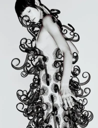 Model draped in sculpted spiral hair tendrils wearing a patterned dress against a bright white backdrop.
