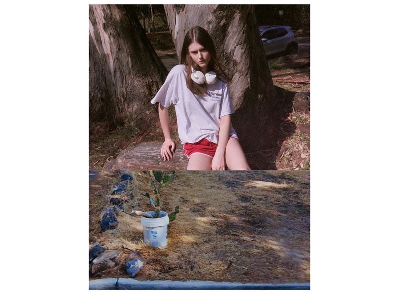 Diptych with a young woman wearing a white t-shirt and red shorts sitting by a tree, above a potted cactus in a white bucket.