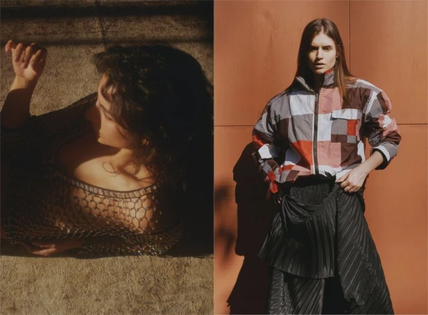 Diptych of a woman reclining in a mesh top on the left and standing in a patchwork jacket with a black pleated skirt on the right.