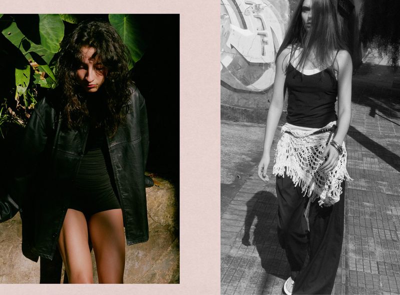 Editorial diptych of a woman in a black leather jacket next to a black-and-white photo of a woman in a crochet wrap.
