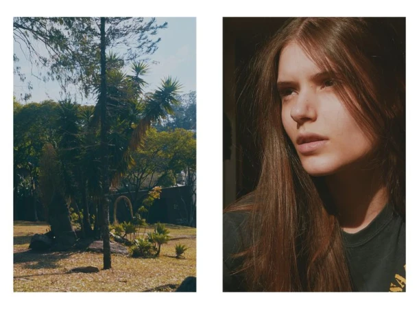 Diptych of an outdoor park landscape beside a close-up portrait of a young woman with long brown hair in warm natural light.