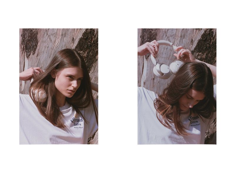 Diptych of a young brunette woman holding white over-ear headphones against a textured tree trunk, wearing a white t-shirt.
