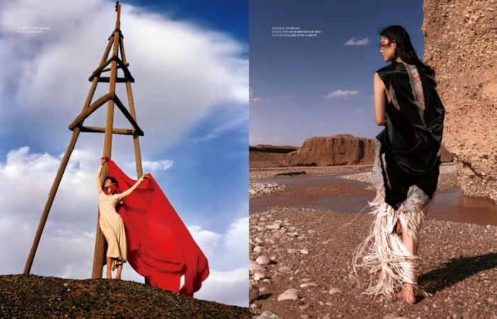 Fashion editorial diptych featuring model Qun Ye in a flowing red cape by a wooden structure and a fringed outfit in a desert landscape.