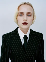 Portrait of a blonde model wearing a dark pinstripe suit, white collared shirt, and black tie against a pale studio backdrop.