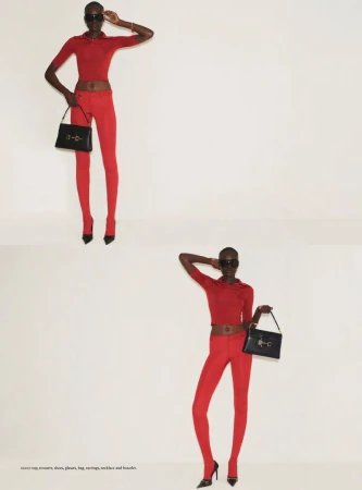 Model Amou Ring poses in a fitted red top, red trousers, and black sunglasses holding a black handbag against an off-white studio background.