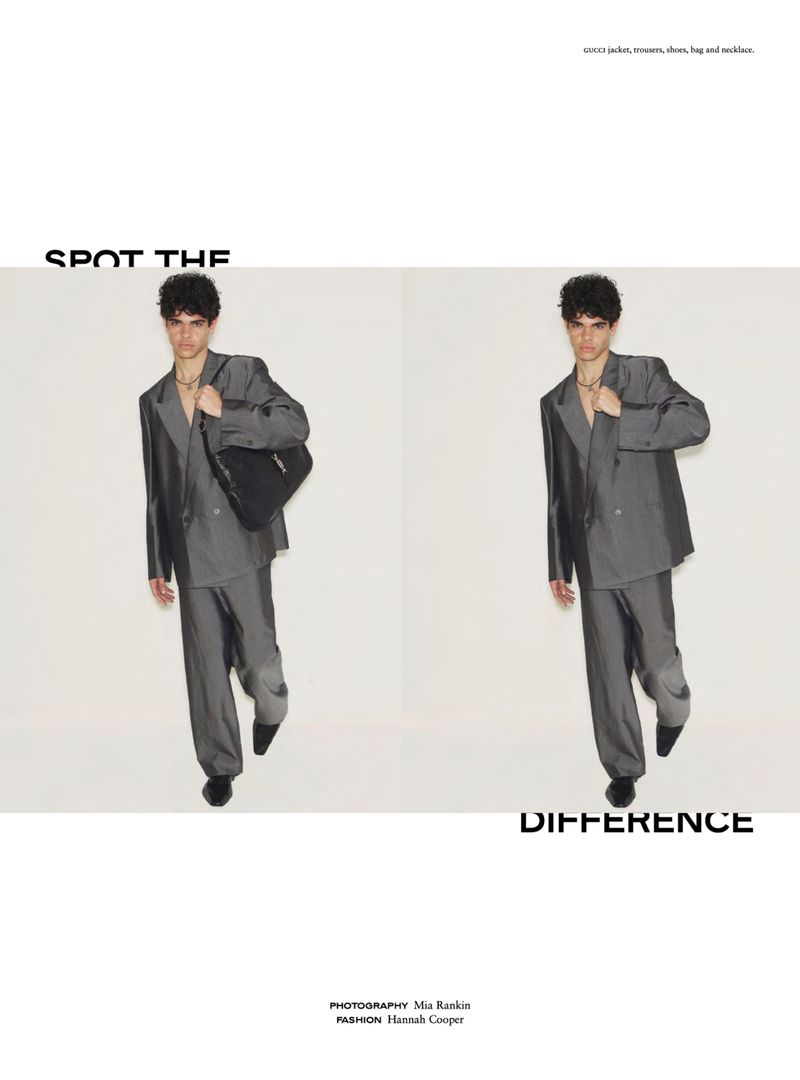 Diptych fashion editorial featuring a male model wearing an oversized grey suit against a white studio background.