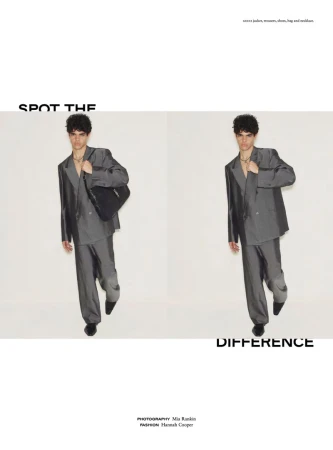 Diptych fashion editorial featuring a male model wearing an oversized grey suit against a white studio background.
