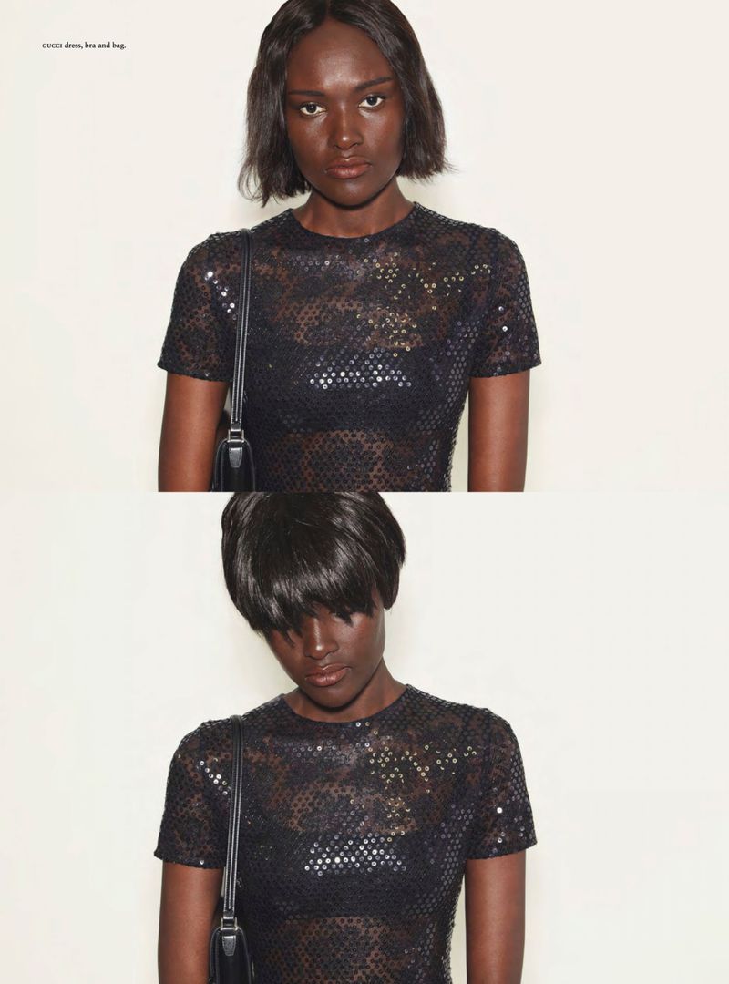 Diptych fashion portrait of Amou Ring wearing a black sequin short-sleeve top against an off-white studio background.