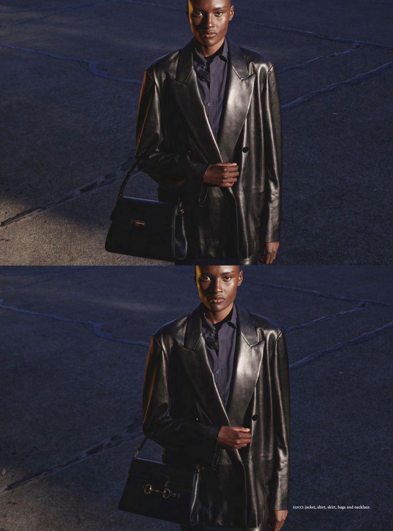 Model Amou Ring posing in an oversized black leather blazer while holding a black leather handbag in a two-frame editorial diptych.