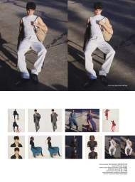 Editorial spread showing a man in an all-white outfit and woven bag alongside a grid of paired spot-the-difference fashion photos.