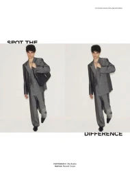 Diptych of a man wearing an oversized grey suit against a white studio background, holding a black shoulder bag in one frame.