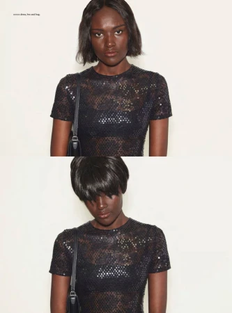 Split frame portrait of model Amou Ring wearing a black sequin short-sleeve top against an off-white background.