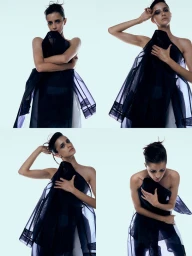 Four-panel editorial series of a woman holding a sheer black organza garment against a pale studio backdrop.