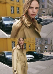 Model Valerie Margareta wearing a classic beige trench coat on a city street in a vertical split diptych.