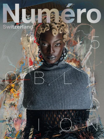 Model Jewel Ndukwe with blonde sculpted finger curls and grey knit collar on the cover of Numéro Switzerland.