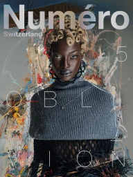 Model Jewel Ndukwe with blonde sculpted finger curls and grey knit collar on the cover of Numéro Switzerland.