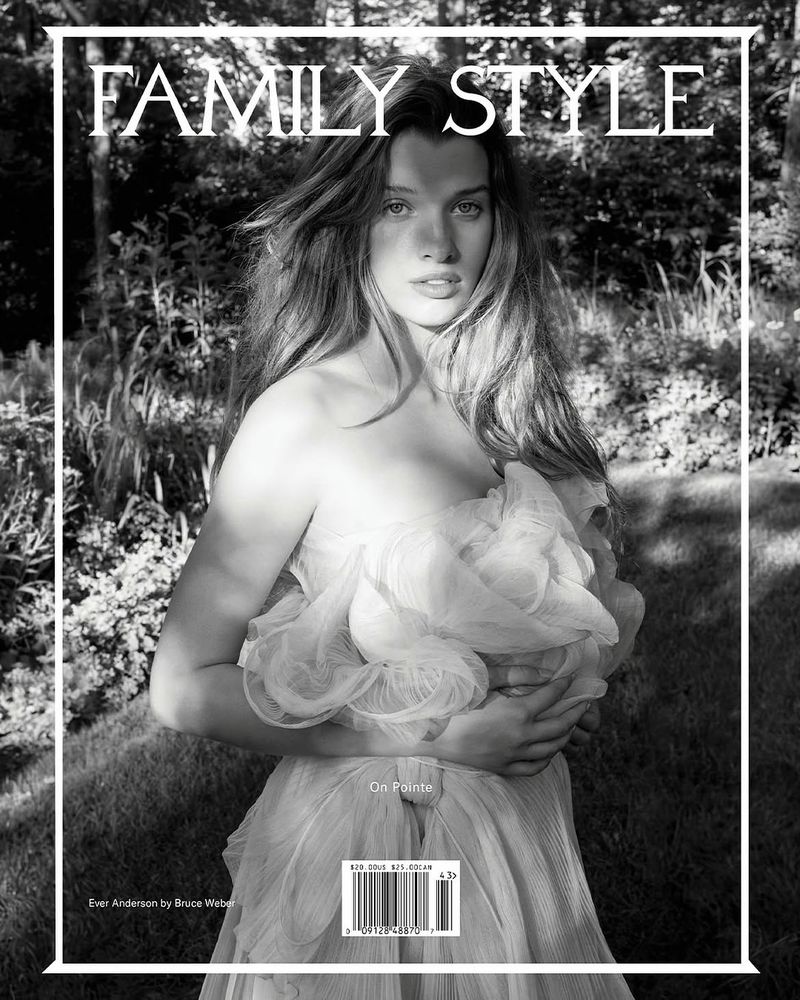 Ever Anderson posing in a strapless ruffled gown on the black-and-white cover of Family Style magazine.