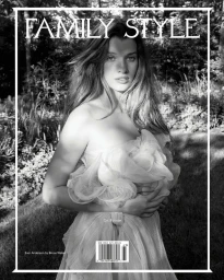 Ever Anderson posing in a strapless ruffled gown on the black-and-white cover of Family Style magazine.