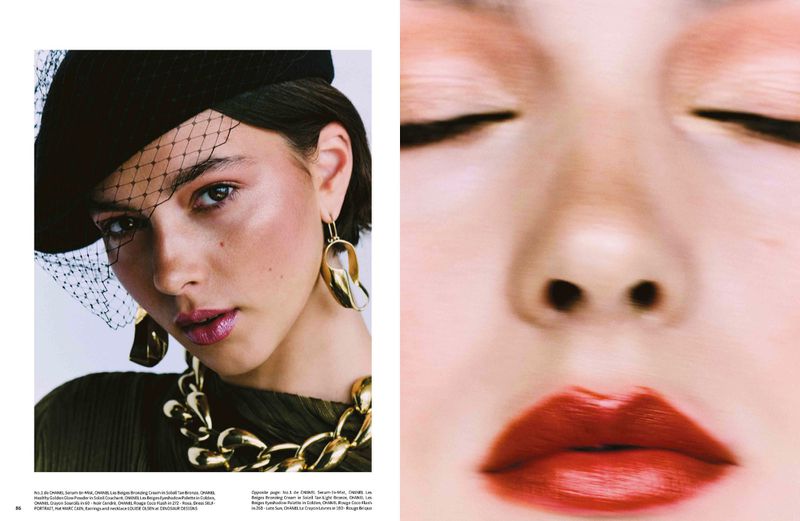 A woman poses with a black veil hat, gold jewelry, and green dress; a close-up on a red lip, nose, and closed eyes fills the opposite space.