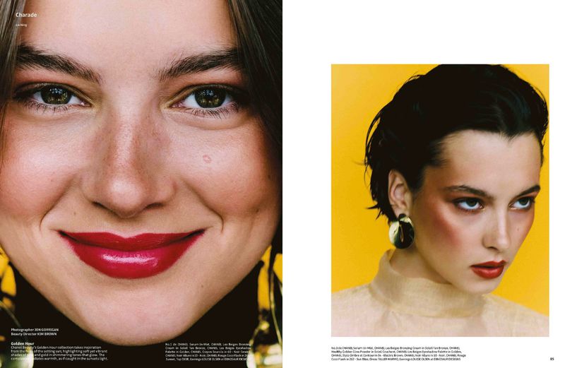 Editorial fashion layout with two close-up portraits of a woman with red lipstick, against a bright yellow and muted background.