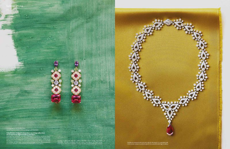 Polychrome Bulgari jewelry featuring ruby-red earrings and a diamond necklace with a pendant on yellow and green backgrounds.