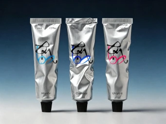 Three metallic silver packaging tubes with black caps standing upside down against a blue gradient background.