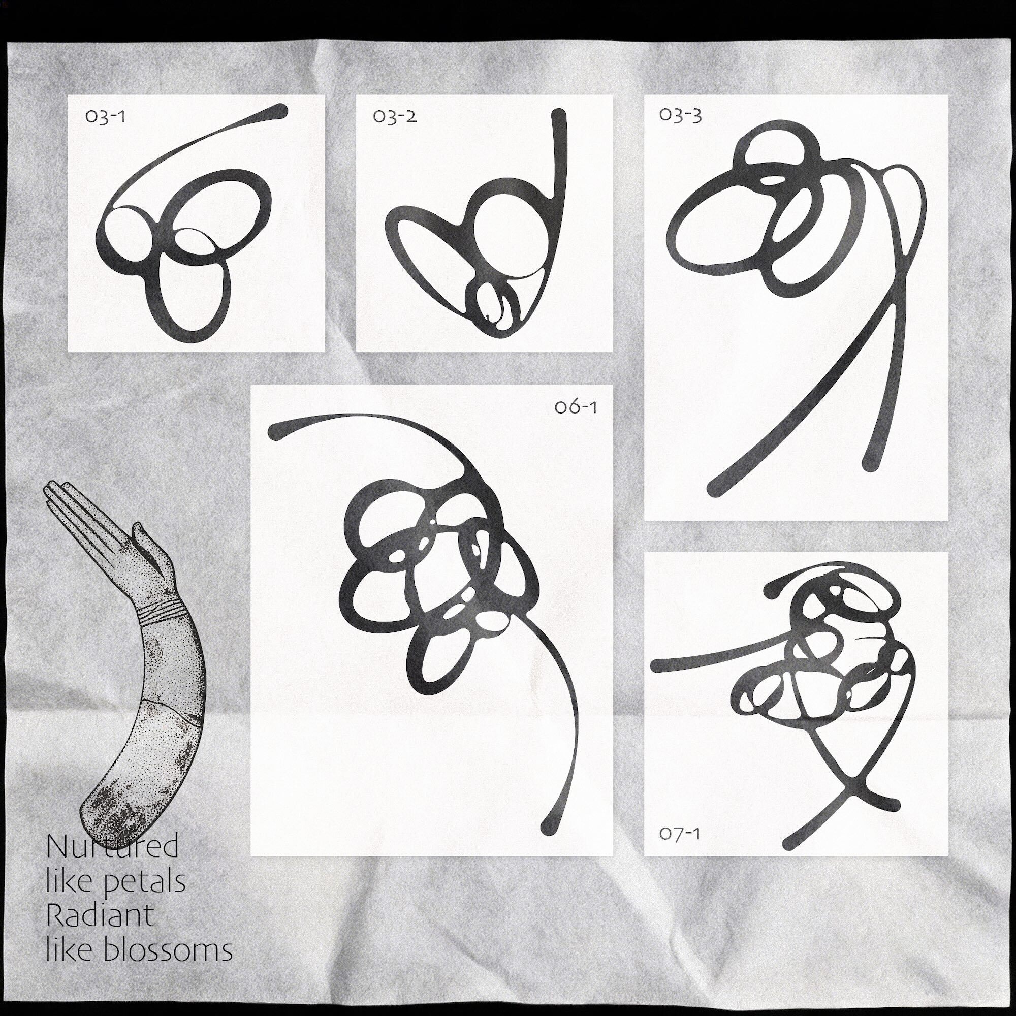 Black abstract calligraphic line art and loop motifs on white cards laid across a crumpled paper surface.