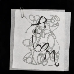 Abstract typographic drawing spelling Bloom on paper secured with a paperclip against a solid black background.