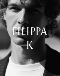 Close-up black and white portrait of a man with curly hair wearing a white t-shirt and dark jacket with Filippa K text overlay.