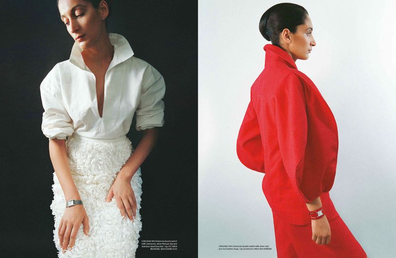 Two photos: A woman in a white collared shirt and textured skirt and a woman in a red suit against black and white backgrounds.