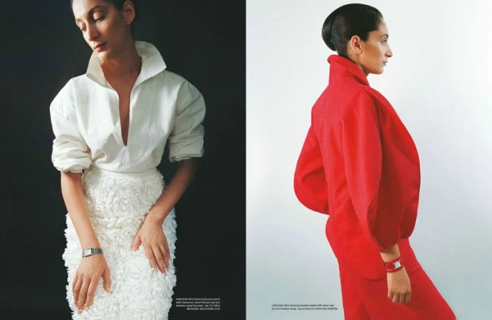 Two photos: A woman in a white collared shirt and textured skirt and a woman in a red suit against black and white backgrounds.