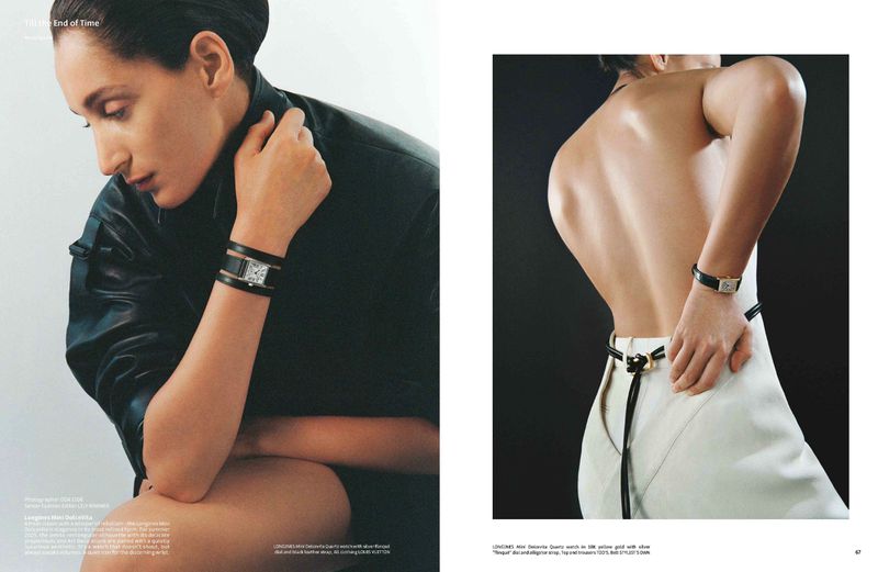 Two images featuring a woman showcasing a Longines watch with a black strap. One view is from the side, the other from the back.