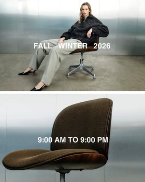 Mariina Keskitalo seated on a mid-century office chair in a dark jacket and trousers, above a detail shot of the chair.