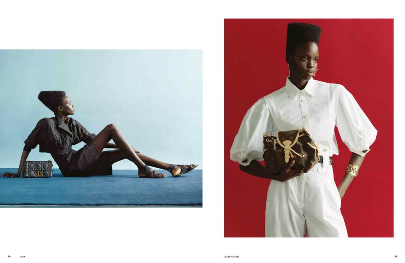 Fashion editorial shot of a Black woman posing with a Louis Vuitton purse against red, and another with a Dior bag against blue.