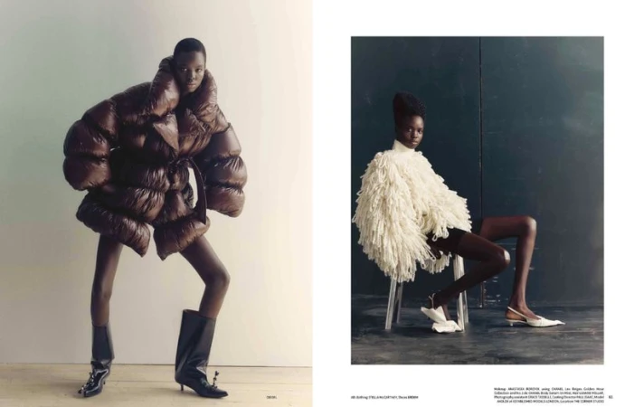 Two women in avant-garde fashion; one wears a brown puffer coat and boots, the other an ivory shag jacket and slingbacks.