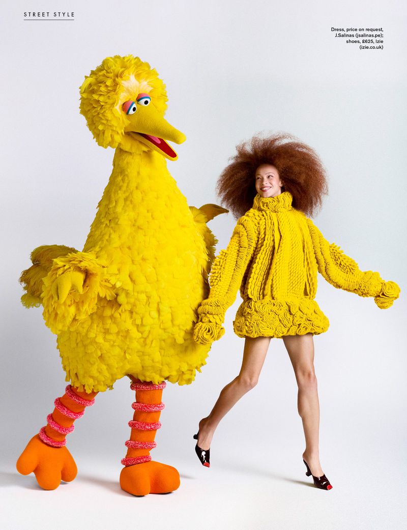 Tianna St. Louis poses in a chunky yellow knit sweater dress next to Big Bird against a white studio background.